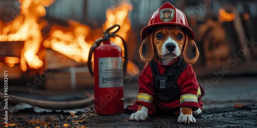 A cute puppy in a firefighter costume sits next to a fire extinguisher against the background of a burning building photo