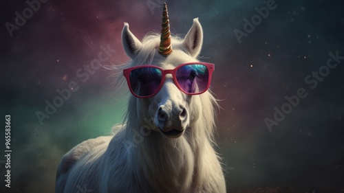 A cool unicorn in sunglasses stands out against a dark background, adding a fun and whimsical vibe to the scene.