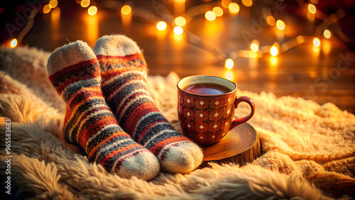 Wallpaper Mural a pair of fluffy socks in rich autumn colors and a cup of tea Torontodigital.ca