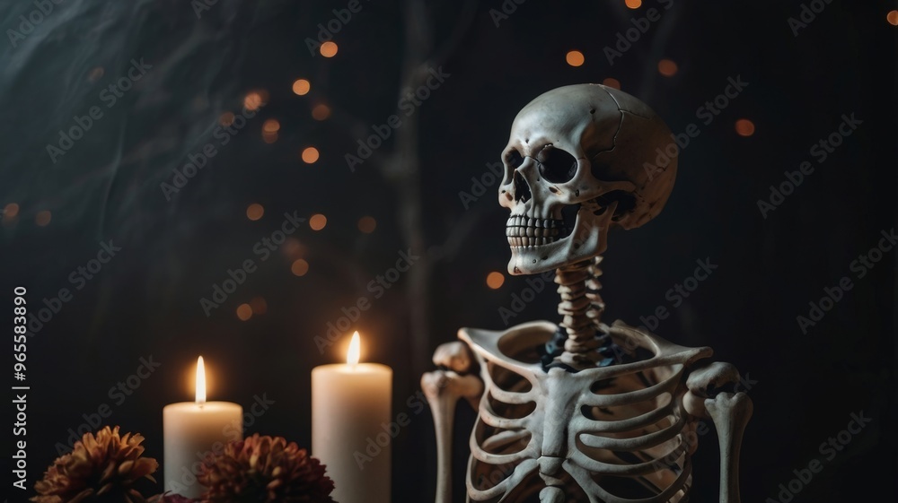 A skeleton rests beside a flickering candle and a delicate flower, creating a striking contrast of life and death. A skeleton rests beside a flickering candle and a delicate flower, creating a striking contrast of life and death.