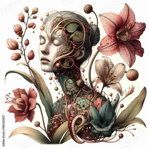 Botanical Illustration with a Twist; Traditional botanical illustration that includes fantastical or surreal elements, such as plants with human features and hybrid flora. blend of realism and fantasy photo