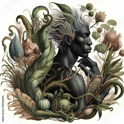 Botanical Illustration with a Twist; Traditional botanical illustration that includes fantastical or surreal elements, such as plants with human features and hybrid flora. blend of realism and fantasy photo