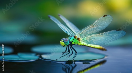 A glowing dragonfly hovering over a still pond, nature s glowtime, delicate and beautiful photo