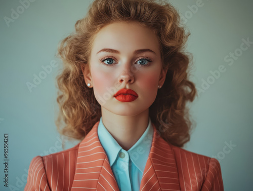 A vintage inspired fashion shoot featuring model with curly hair and bold red lips, dressed in stylish striped suit. look captures classic elegance and timeless beauty