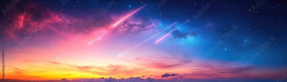 Glowing comet trails streaking across a twilight sky, cosmic glowtime, mesmerizing and celestial Glowing comet trails streaking across a twilight sky, cosmic glowtime, mesmerizing and celestial