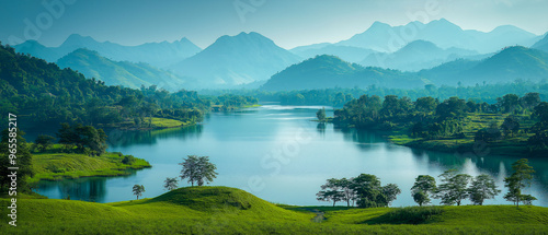 A tranquil view of the confluence of the Mekong and Ruak rivers, surrounded by green hills and forests under a clear sky. This image was generated by AI photo