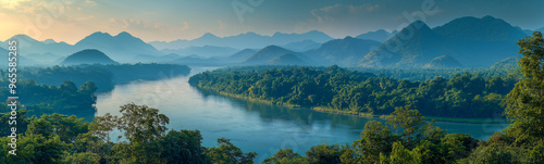 A tranquil view of the confluence of the Mekong and Ruak rivers, surrounded by green hills and forests under a clear sky. This image was generated by AI