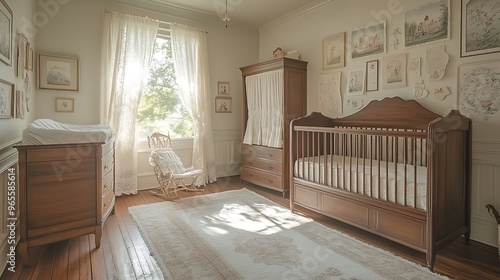 A vintage-inspired nursery with antique furniture, classic storybook illustrations decorating the walls, soft pastel tones of cream and blush, lace curtains, wooden crib with delicate bedding,