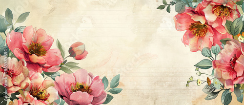 old vintage grunge wide paper journal with empty space in the middle and watercolor blooming Peony flowers with leaf border frame