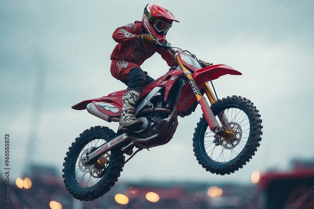 motorcycle racer with helmet on motorcycle jumping in the air motorcycle racer with helmet on motorcycle jumping in the air