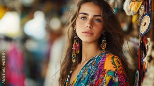 A free spirited bohemian fashion shoot featuring young woman with vibrant earrings and colorful outfit, set against lively background. image captures sense of joy and creativity