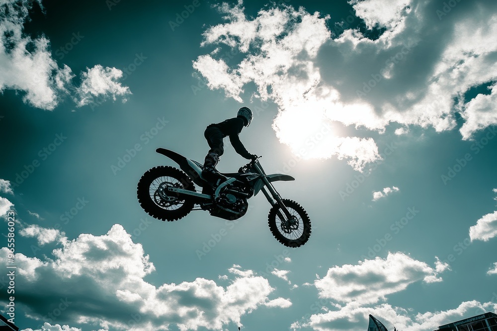 silhouette of motorcycle racer with helmet on motorcycle jumping in the air, motocross, stunts silhouette of motorcycle racer with helmet on motorcycle jumping in the air, motocross, stunts