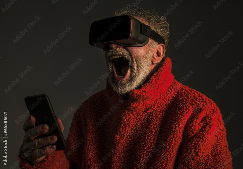 An elderly man is experiencing virtual reality while yelling An elderly man is experiencing virtual reality while yelling