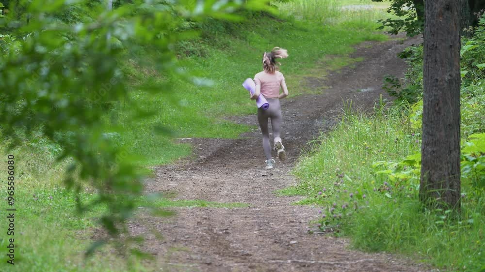 Full length view of female fitness model running along pathway in summer park during sports training, moving activity. Rear view of unrecognizable runner dressed in sportswear and carries exercise mat Full length view of female fitness model running along pathway in summer park during sports training, moving activity. Rear view of unrecognizable runner dressed in sportswear and carries exercise mat