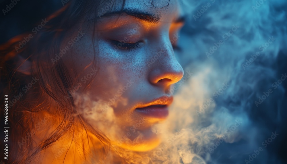 woman in abstract colored cigarette smoke, vaping, bad habit, vapor, toxic woman in abstract colored cigarette smoke, vaping, bad habit, vapor, toxic