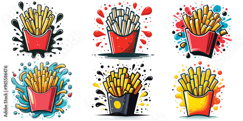 Colorful French fries illustration pop art style multicolor splash background, fun design