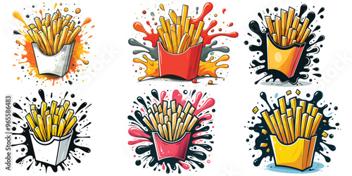 French fries illustration with colorful splashes, abstract style, perfect for food promotion