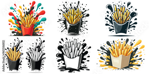 French fries illustrations with colorful splashes, vector art, perfect for food banners