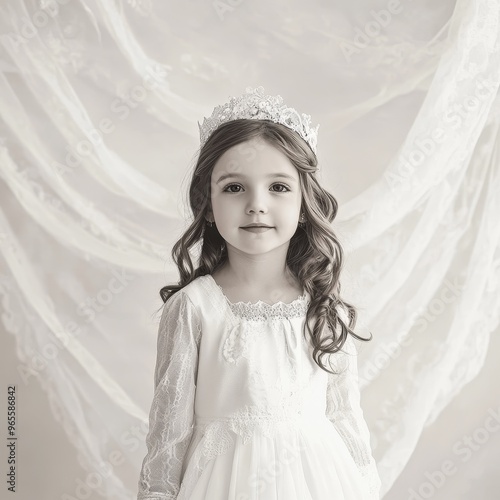 monochrome portrait of beautiful caucasian little girl princess with beautiful drees and crown on head photo