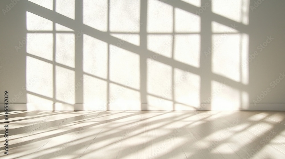 Fototapeta premium Sunlight Filtering Through Window Casting Shadows on White Wall and Wooden Floor.