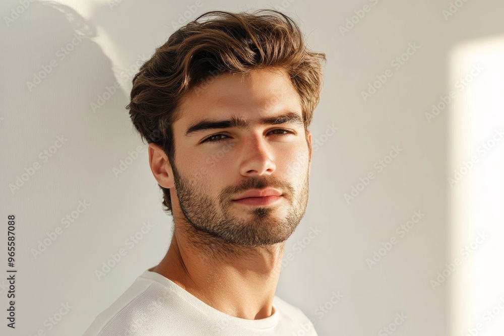 handsome brown-eyed man with unshaven stubble on light background handsome brown-eyed man with unshaven stubble on light background