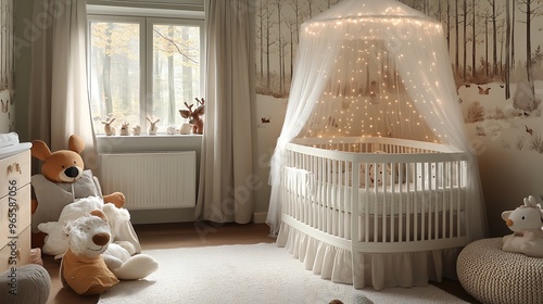 An enchanted forest nursery with a soft pastel color scheme, plush woodland animals, delicate fairy lights illuminating a white canopy over the crib, forest-themed wallpaper, photo