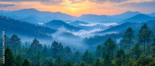 View of Phu Kradueng National Park, rugged mountain ranges, dense forests and mist rising from the valley in the early morning. High depth of field. This image was created by AI