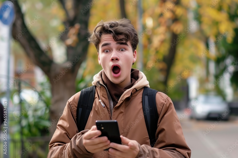 surprise of a young guy with a phone surprise of a young guy with a phone