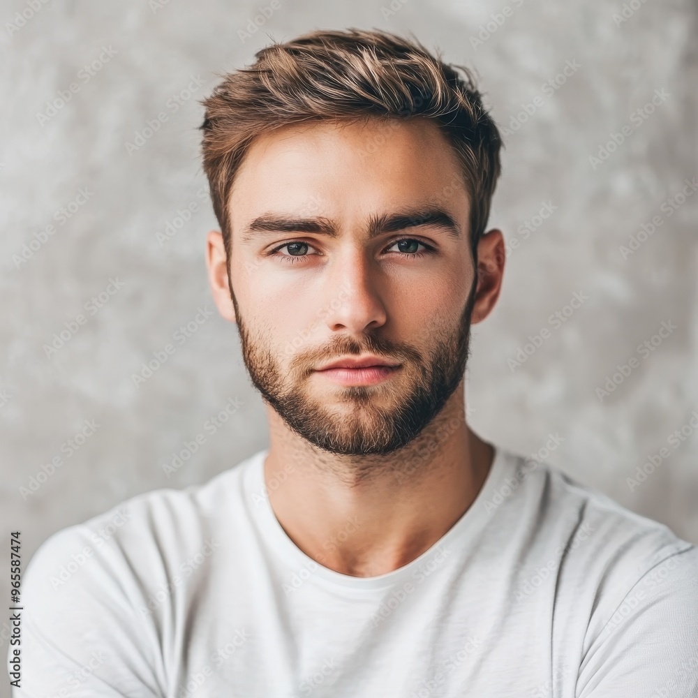 Fototapeta premium closeup of beautiful caucasian man model in white T-shirt on light background, portrait