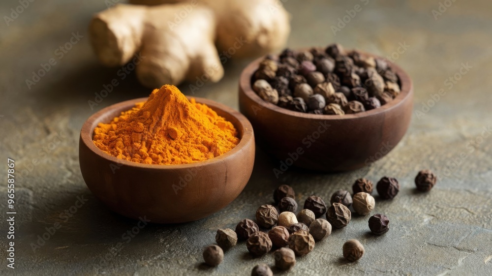 The combination of turmeric roots and black pepper increases the bioavailability of curcumin in the body, offering health benefits. The combination of turmeric roots and black pepper increases the bioavailability of curcumin in the body, offering health benefits.
