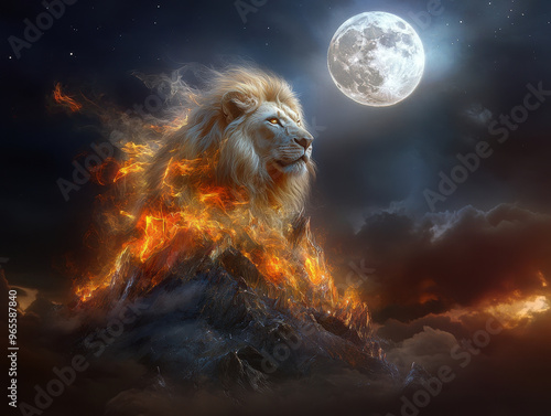 Wallpaper Mural A lion with mane made of roaring flames stands majestically atop fiery mountain under full moon, creating dramatic and powerful scene Torontodigital.ca
