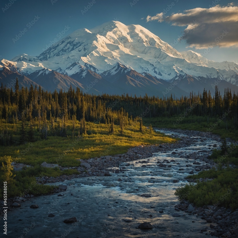 Fototapeta premium Mount McKinley, also known as Denali, is the highest peak in North America, rising to 20,310 feet (6,190 meters). Located in Alaska, it is renowned for its stunning prominence and challenging climbing