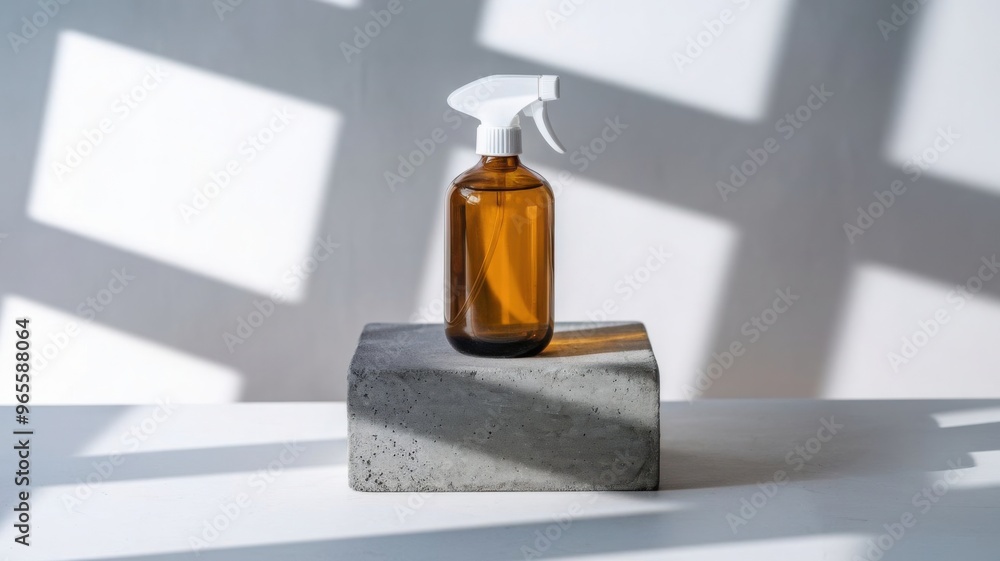 Skin care products for face and body in a glass bottle with a pipette, placed on a concrete podium, showcasing a gradient from brown to orange, including transparent essence water toner and scrub. Skin care products for face and body in a glass bottle with a pipette, placed on a concrete podium, showcasing a gradient from brown to orange, including transparent essence water toner and scrub.