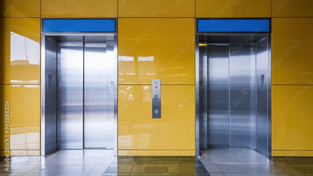 Chrome doors of an office elevator, both open and closed, set against yellow wall panels in a vector depiction. Chrome doors of an office elevator, both open and closed, set against yellow wall panels in a vector depiction.