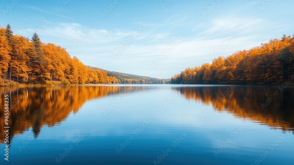 A breathtaking view of a serene lake surrounded by autumn-colored trees, with calm waters reflecting the sky A breathtaking view of a serene lake surrounded by autumn-colored trees, with calm waters reflecting the sky