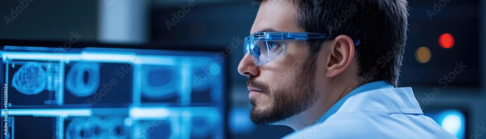 Biotech researcher using advanced computer software to design synthetic biological materials Biotech researcher using advanced computer software to design synthetic biological materials