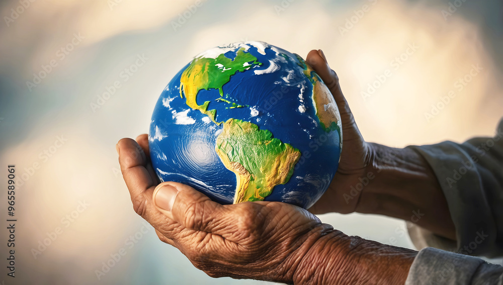 Old wrinkled hands holding planet earth, globe on the palm, eco environment, global connection, background