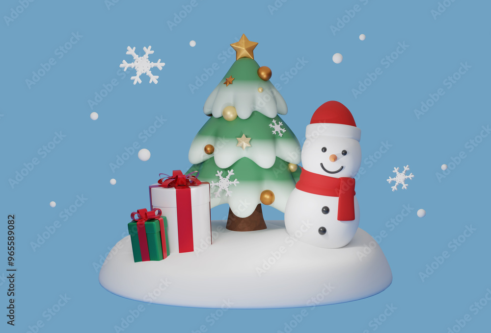 Christmas tree with snowman and gift box 3D graphic Christmas tree with snowman and gift box 3D graphic