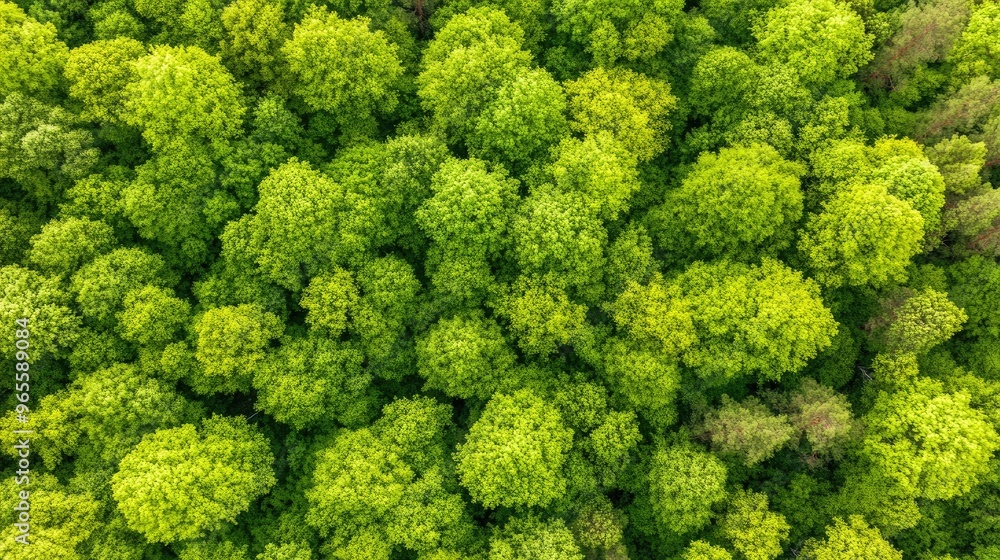Fototapeta premium This aerial perspective highlights the vibrant greens of a dense forest, with a thick canopy that reveals the beauty of ancient trees in a serene environment