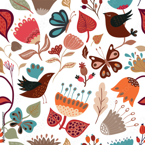 
Autumn seamless pattern with colorful leaves, birds and seasonal plants, autumnal wallpaper