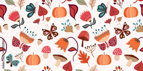 
Autumn seamless pattern with colorful leaves and seasonal plants, decorative background, wallpaper