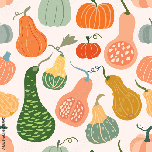 Autumn seamless pattern with different colorful pumpkins, seasonal wallpaper, decorative autumnal background