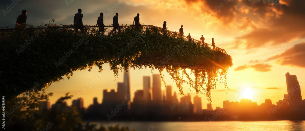 A pedestrian bridge covered in ivy showcases silhouettes of people ...