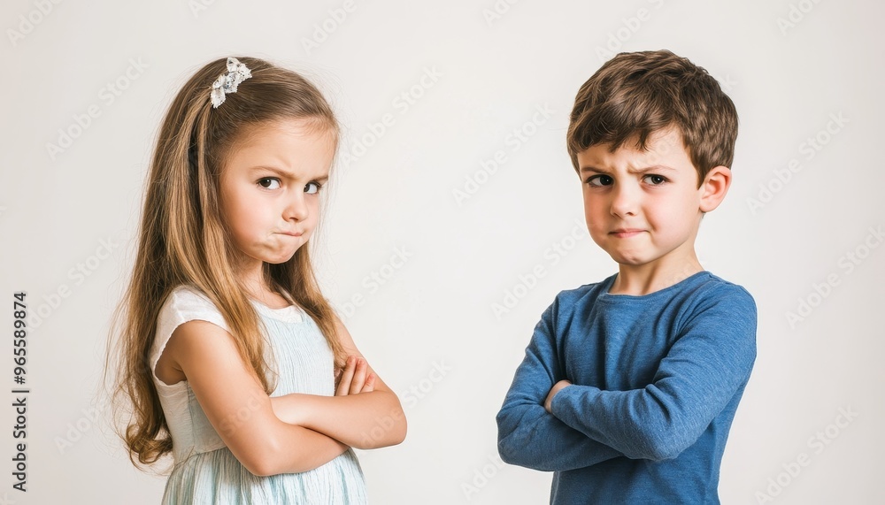 portrait of upset little girl and boy, personal boundaries of children concept portrait of upset little girl and boy, personal boundaries of children concept