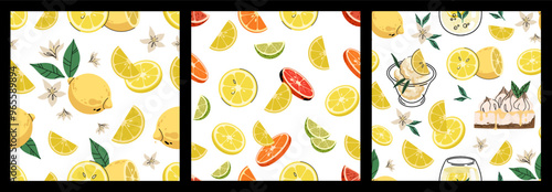 Patterns with piece and slice citrus, lemon desserts and drinks. Lemon, mandarin, lime, orange, grapefruit stickers. Vector seamless pattern isolated on white background