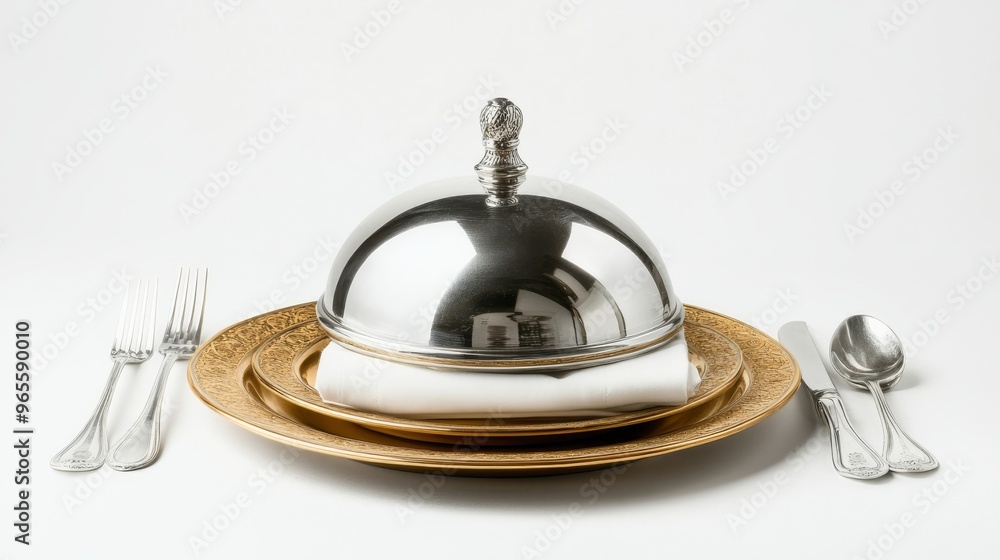 Silver Food Dome on Gold Plate. Silver Food Dome on Gold Plate.