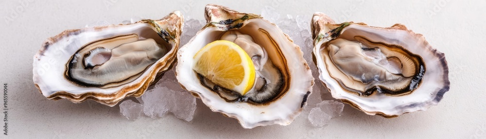 Juicy fresh oysters on the half shell, served with a squeeze of lemon, cold and refreshing Juicy fresh oysters on the half shell, served with a squeeze of lemon, cold and refreshing