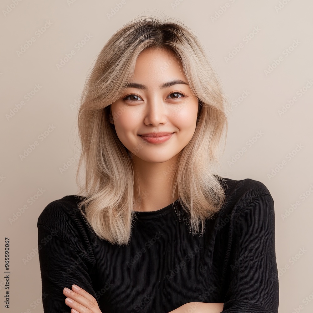 young Asian blonde woman wearing in black long sleeve shirt on beige background, closeup young Asian blonde woman wearing in black long sleeve shirt on beige background, closeup