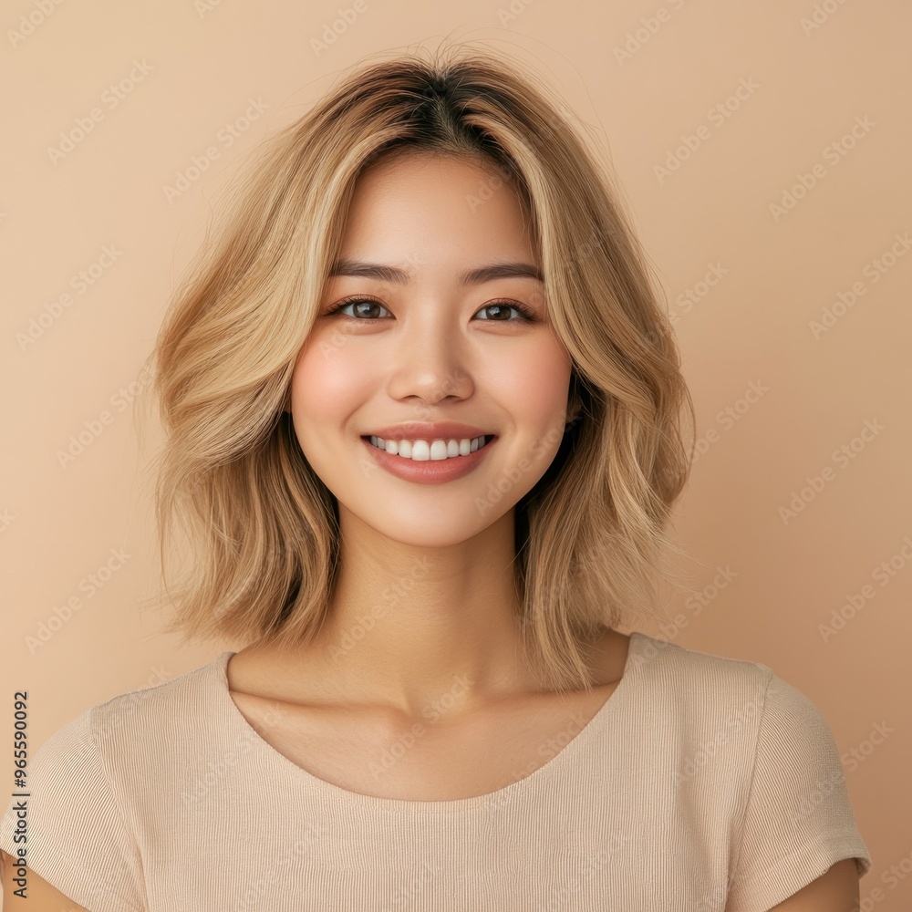 Fototapeta premium young Asian blonde happy woman wearing in beige T-shirt on beige background, closeup