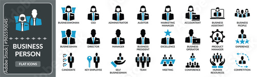 Business person icon set. Set of Business people, business management, business algorithm flat icons EPS10- Stock Vector